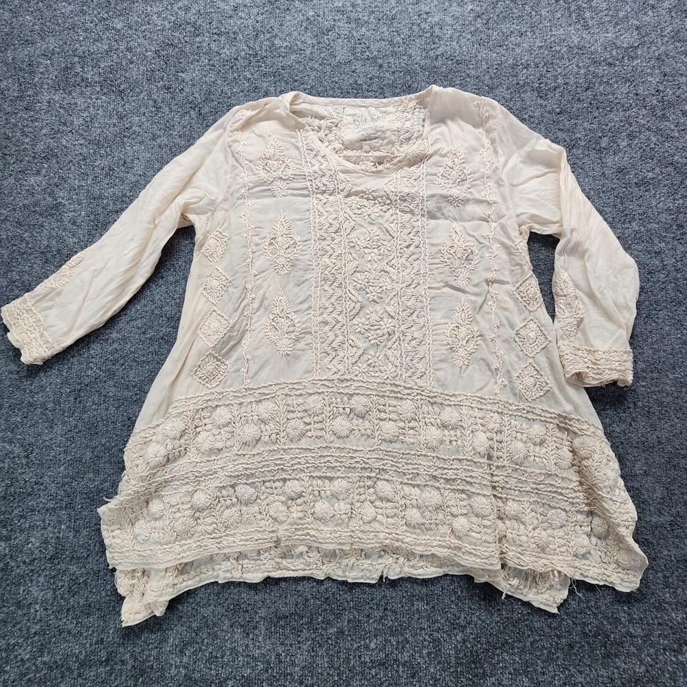 Kyla Seo Embroidered Tunic Top Women's XS Handmade V-Neck Ivory‎ 3/4 Sleeve